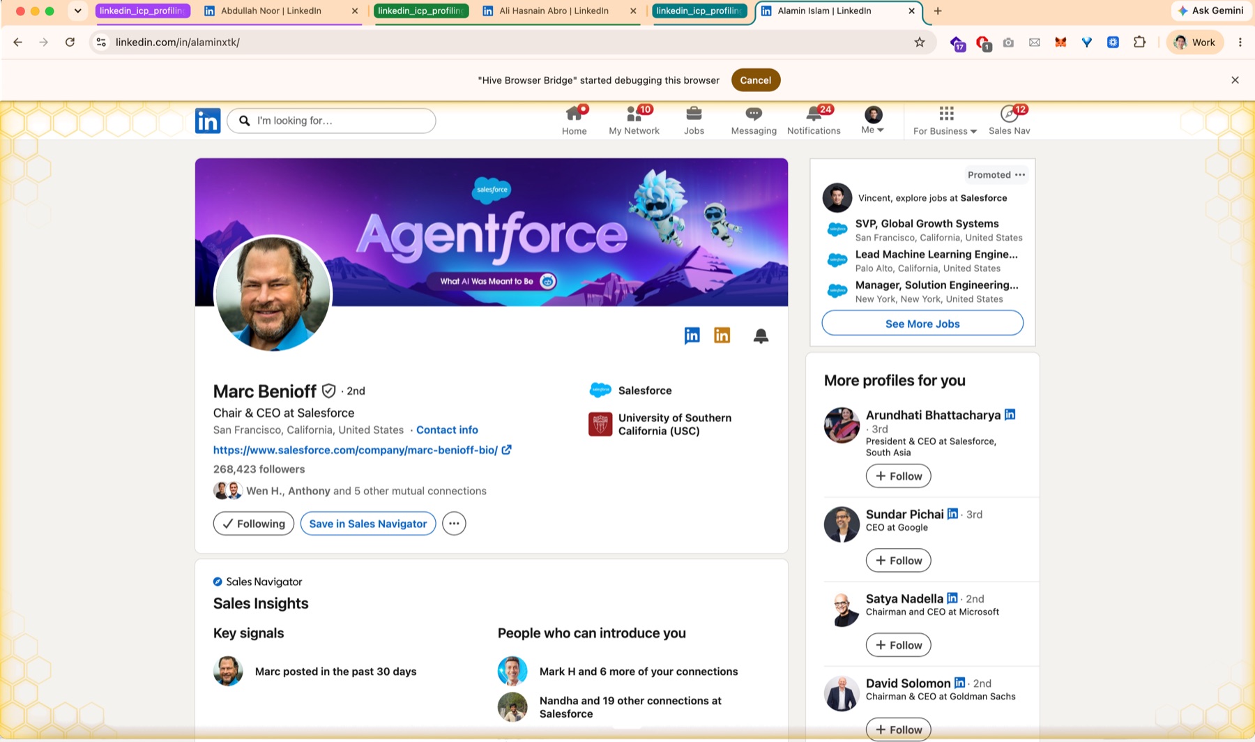 A Hive agent driving a real, signed-in Chrome browser - viewing a LinkedIn profile inside its own colour-coded tab group, with the live 'Hive Browser Bridge' control banner.